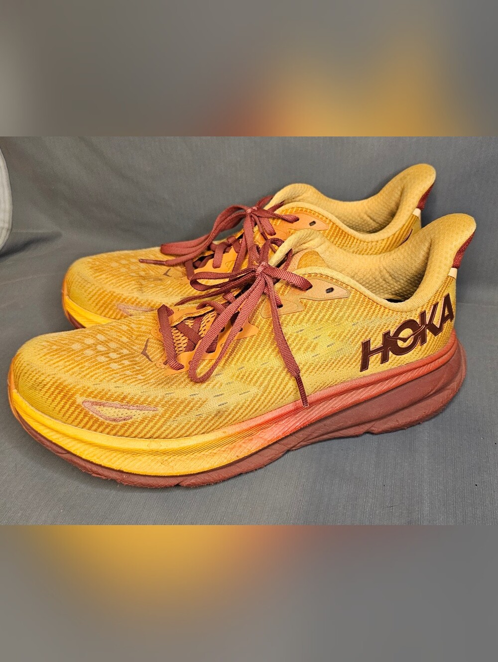 Hoka One One Yellow Athletic Running Shoes with Rust Accents